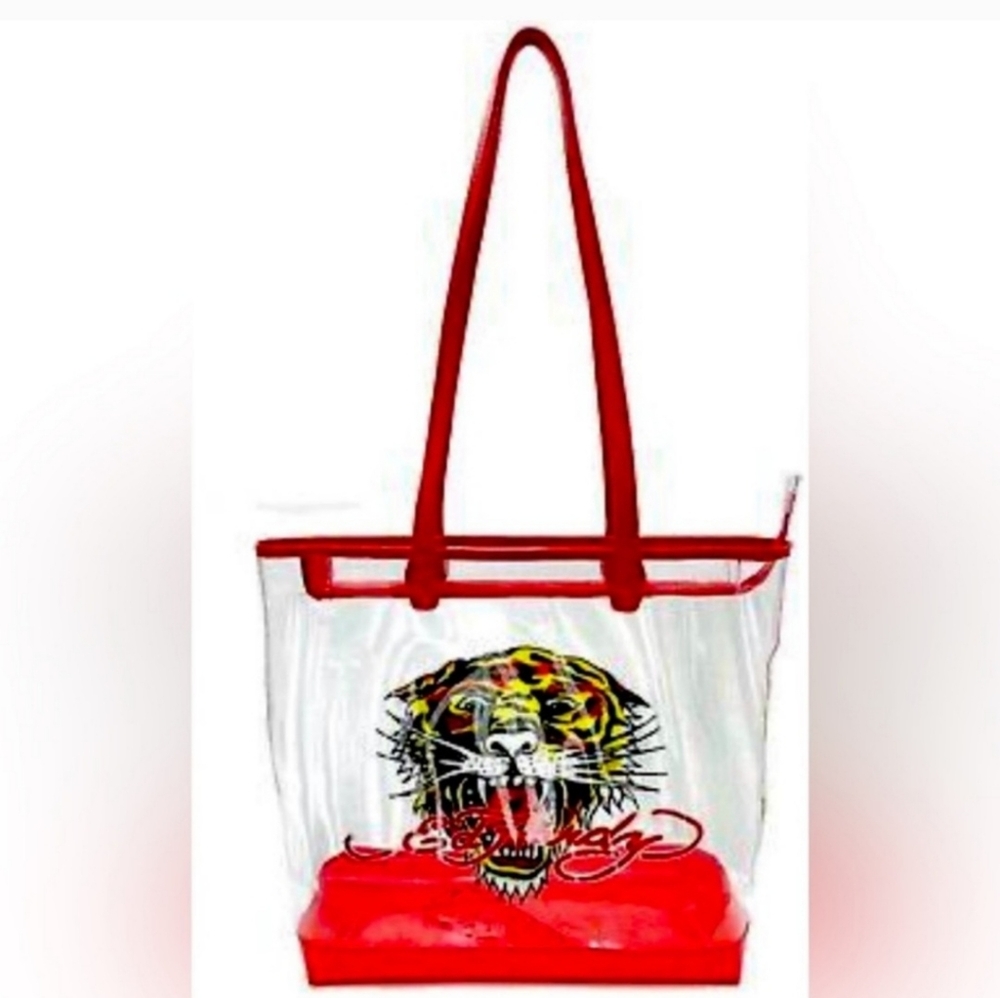 Ed Hardy Red Tiger Clear Tote Bag With Zipper Closure & Pouch